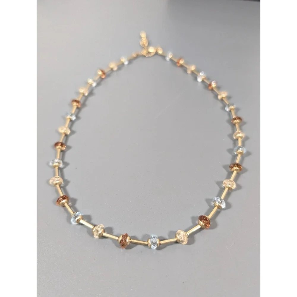 Blue Champagne Bead Dainty Gold Tone Chain Necklace 17